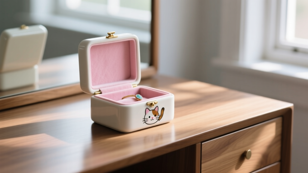 Vintage 1980s ceramic Holly Hobbie jewelry box with calico cat motif, open showing faded pink velvet lining on modern oak vanity.
