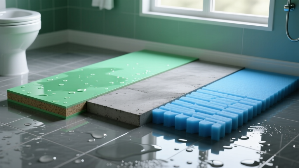 Cross-section comparison of water resistant green gypsum board, gray cement backer board, and blue XPS foam tile backer laid on a wet bathroom floor