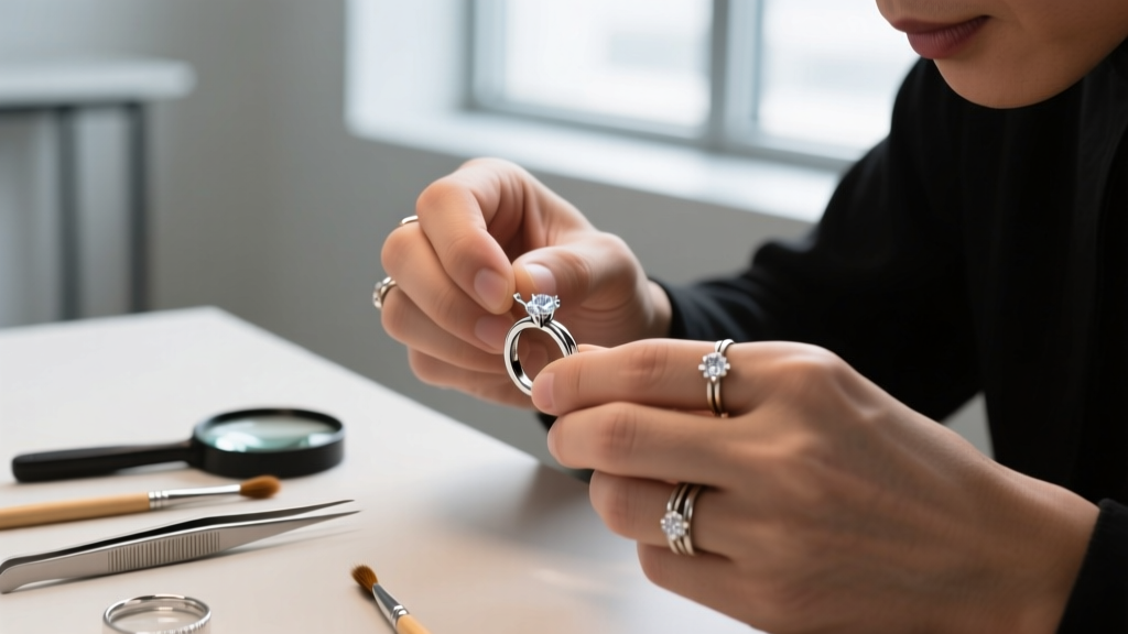 A jeweler's loupe examining the tiny MLB hologram sticker and 925 stamp on the back of a solid sterling silver Yankees pendant.