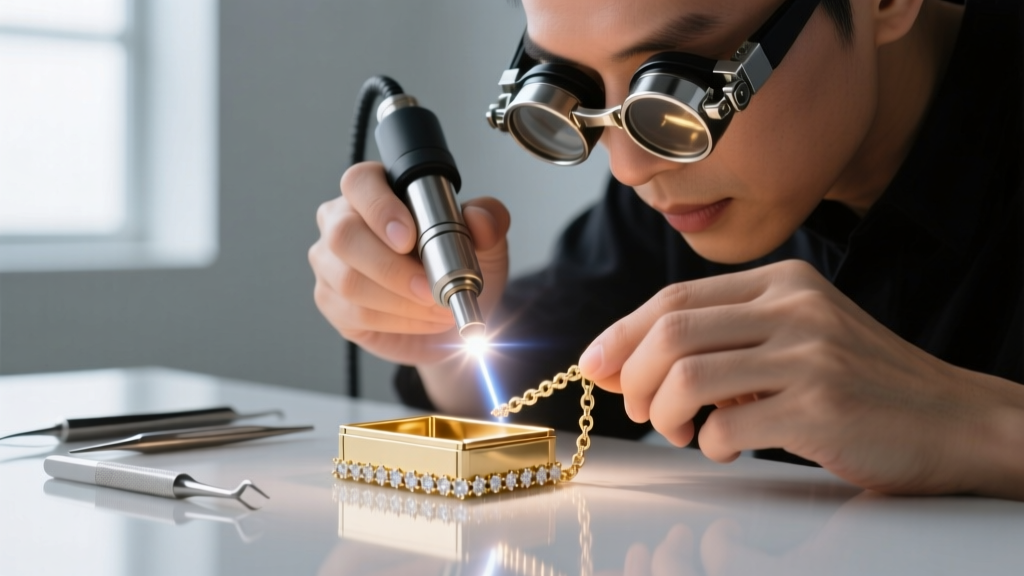 Jeweler using a laser welder to fix a broken 18k white gold box chain, with bright light illuminating the small metal joints.