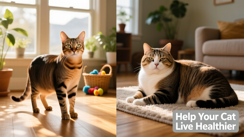 Side-by-side comparison showing a healthy cat with visible waist and tucked abdomen versus an overweight cat with sagging belly and no waistline