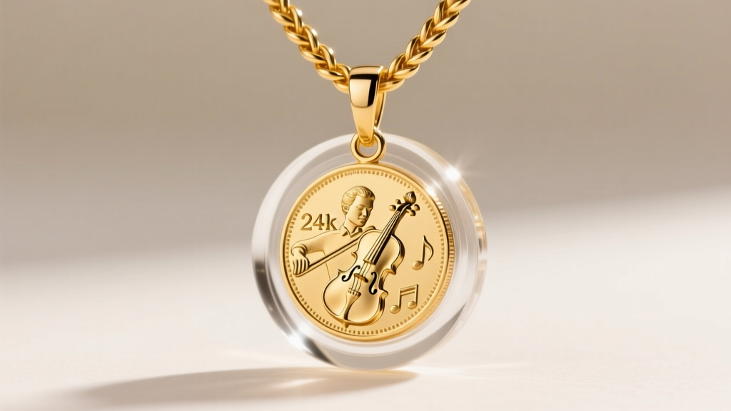 A 2mm 18k yellow gold wheat chain threaded through the bail of an acrylic bezel holding a 24k gold Philharmonic coin pendant