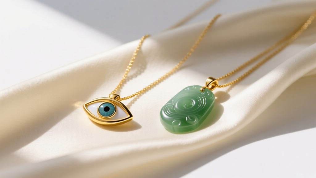 Elegant flat lay of a 14k gold evil eye necklace and a jade pendant on cream silk fabric, softly lit with warm morning sunlight