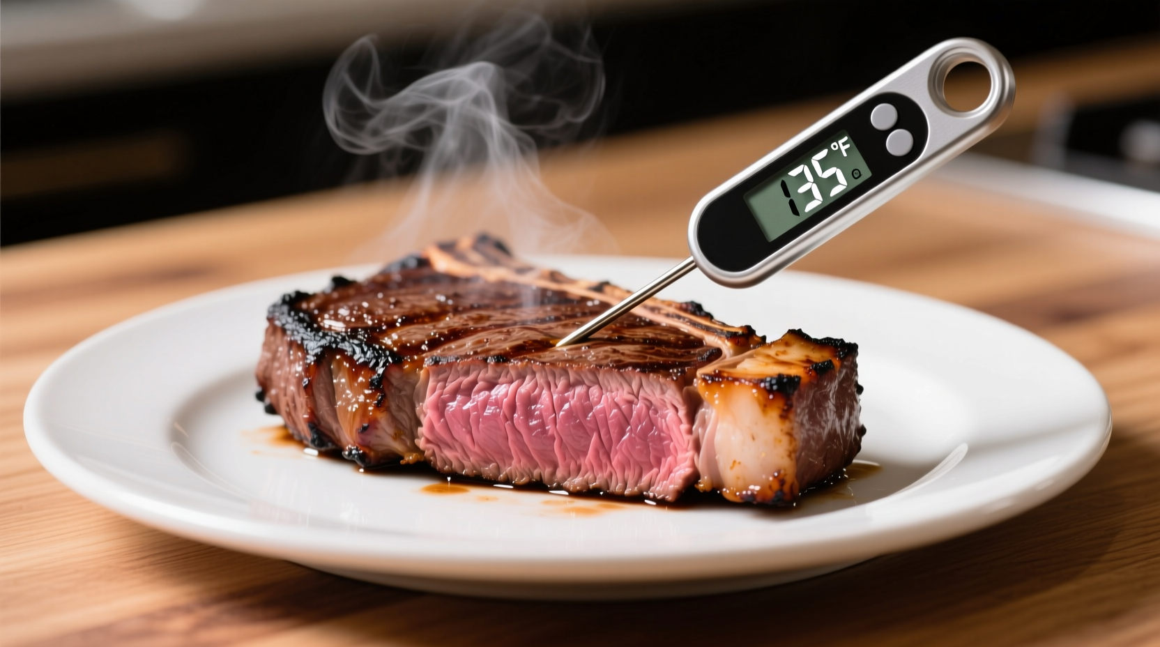Perfectly cooked steak with digital thermometer showing internal temperature
