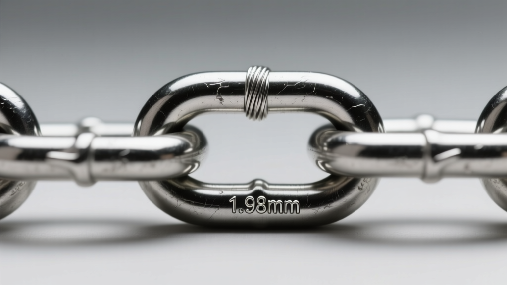 Macro photography of a 14-gauge stainless steel curb chain link showing the precise wire thickness and polished metal finish.