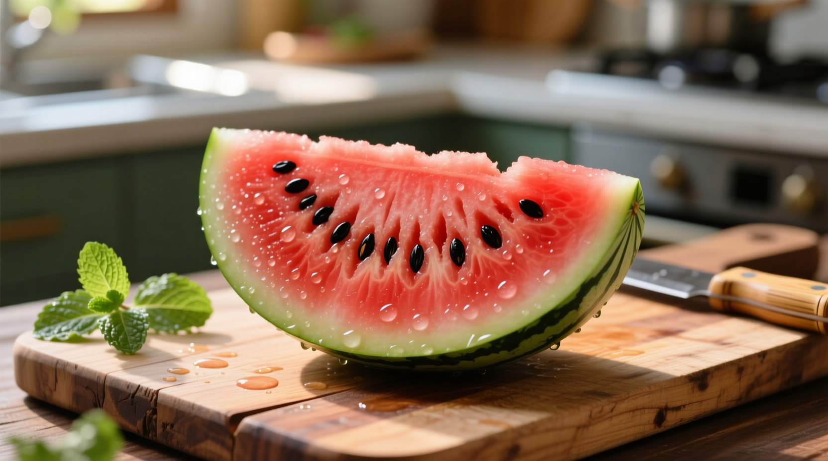 Fresh sliced xigua watermelon on wooden cutting board