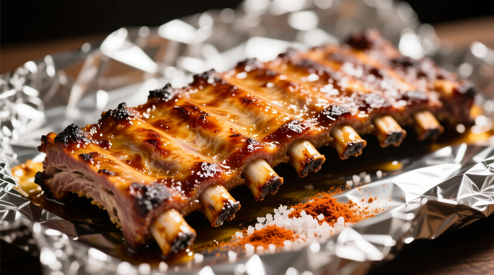 Golden oven-baked ribs with caramelized edges on foil