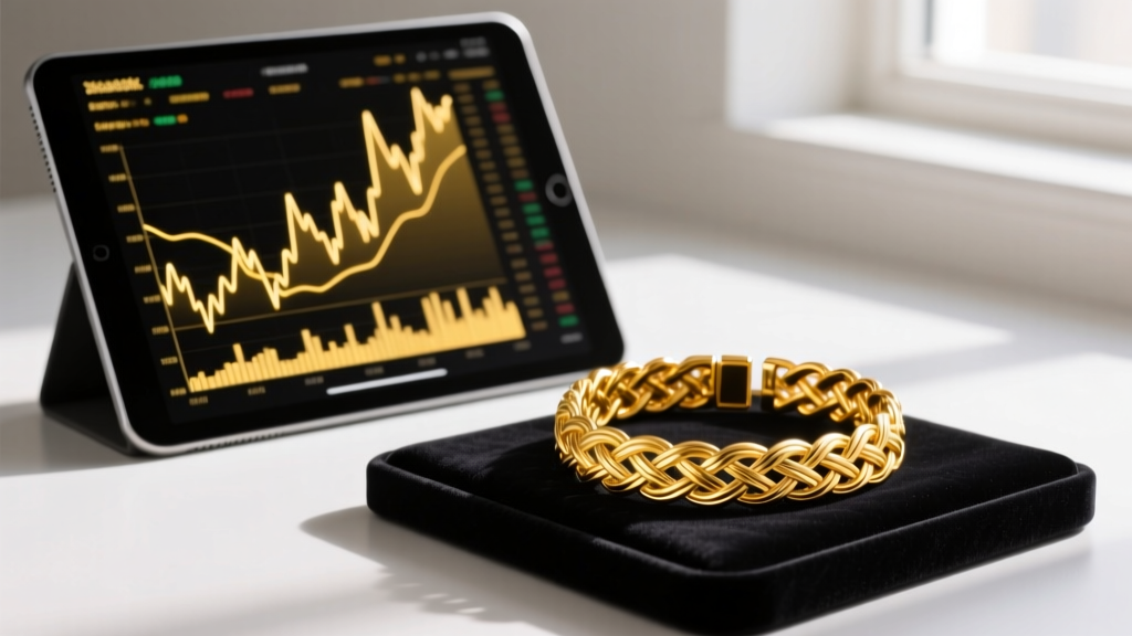 Tablet displaying live gold charts beside a gleaming 22k yellow gold woven bracelet resting on a dark velvet jewelry display pad.