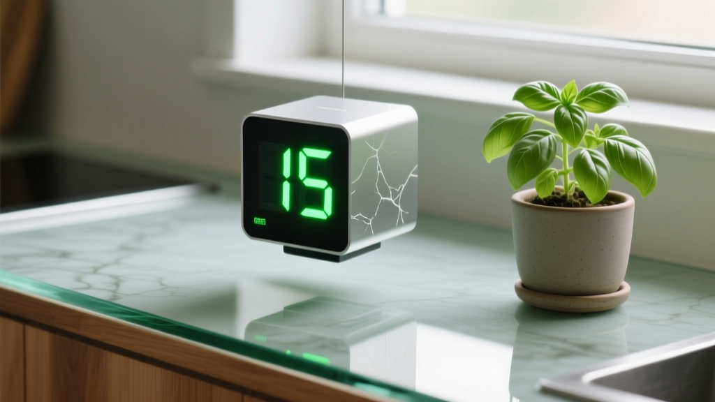 Gravity-powered digital cube timer on a recycled glass countertop next to potted basil, displaying 15 minutes in green LED digits.
