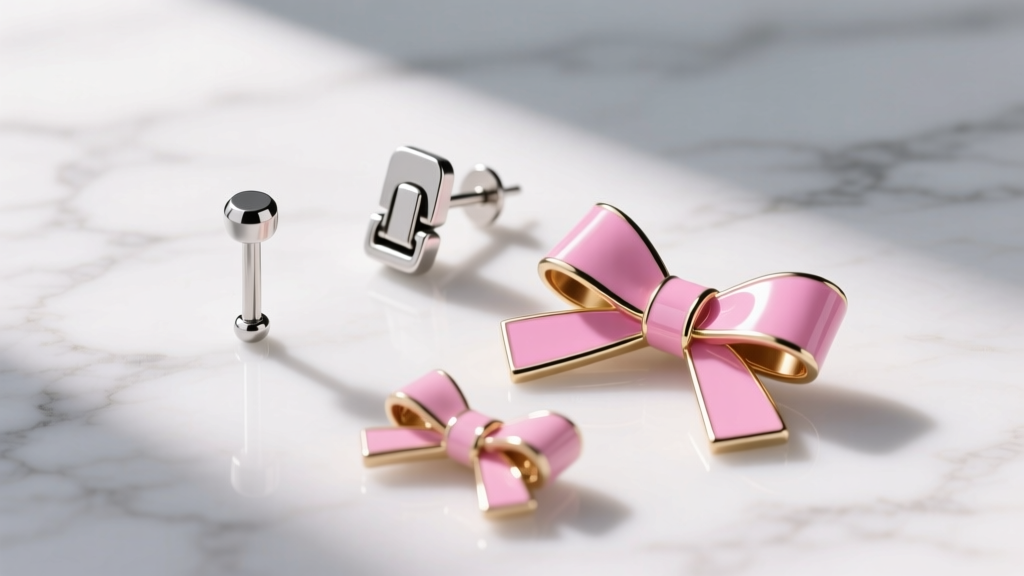 Flat lay of bow earring parts showing 18-gauge titanium post, clutch back, and pink enamel ribbon loops on a white marble surface
