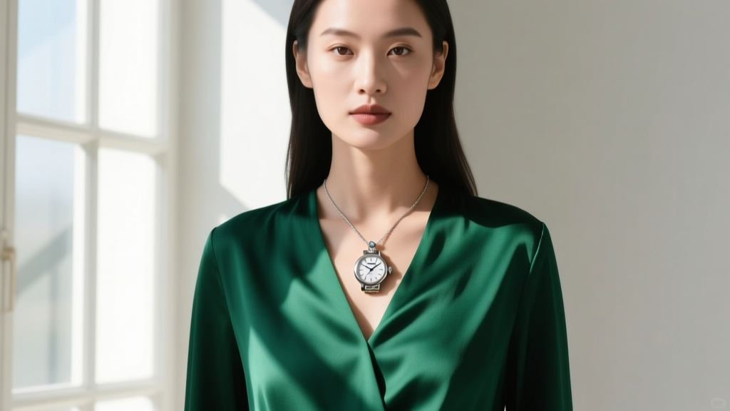 Woman wearing a Lucerne watch pendant necklace over an emerald silk blouse, the pendant resting perfectly at the collarbone area.
