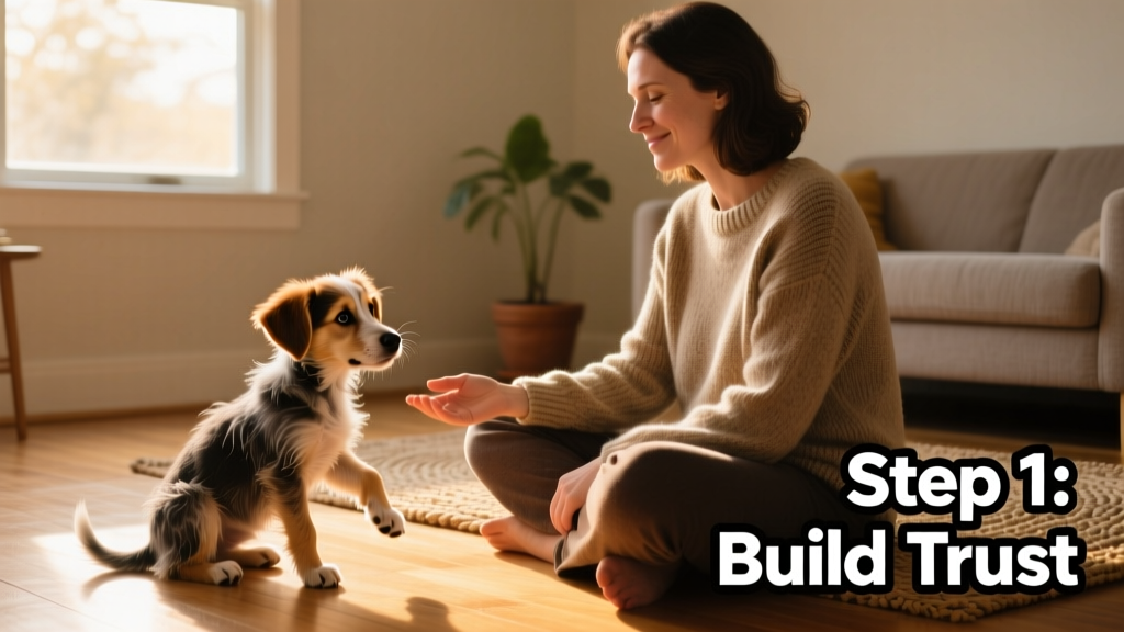 A person sitting quietly on the floor beside a hesitant dog, offering space and calm presence