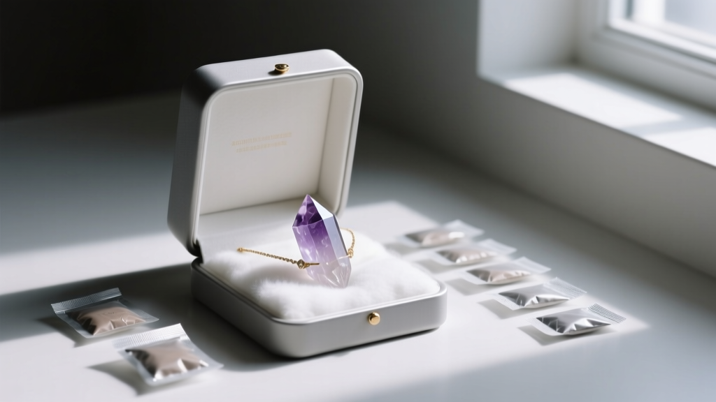 Airtight jewelry box holding a raw quartz crystal point necklace, silica gel packets, and anti-tarnish strips in a dimly lit room