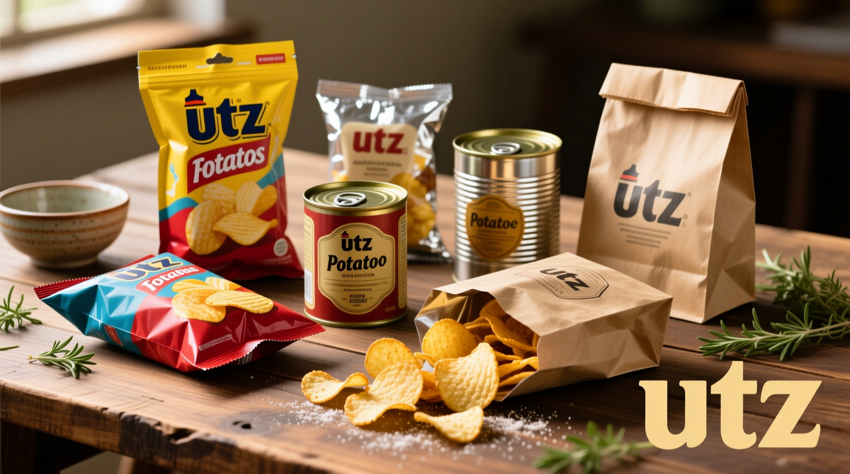 Assorted UTZ potato chip varieties in different packaging formats