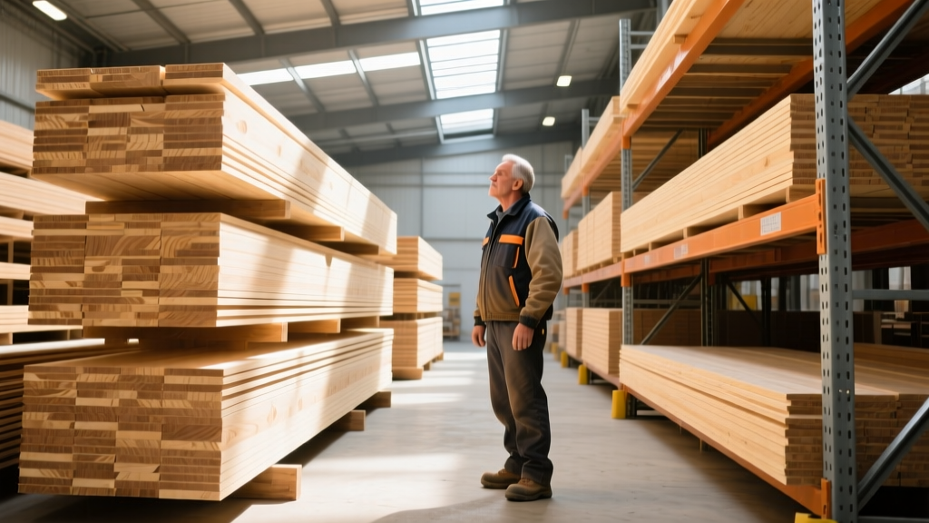 Contractor reviewing stacked SPF dimensional lumber and engineered LVL beams inside a well-lit building materials supply yard