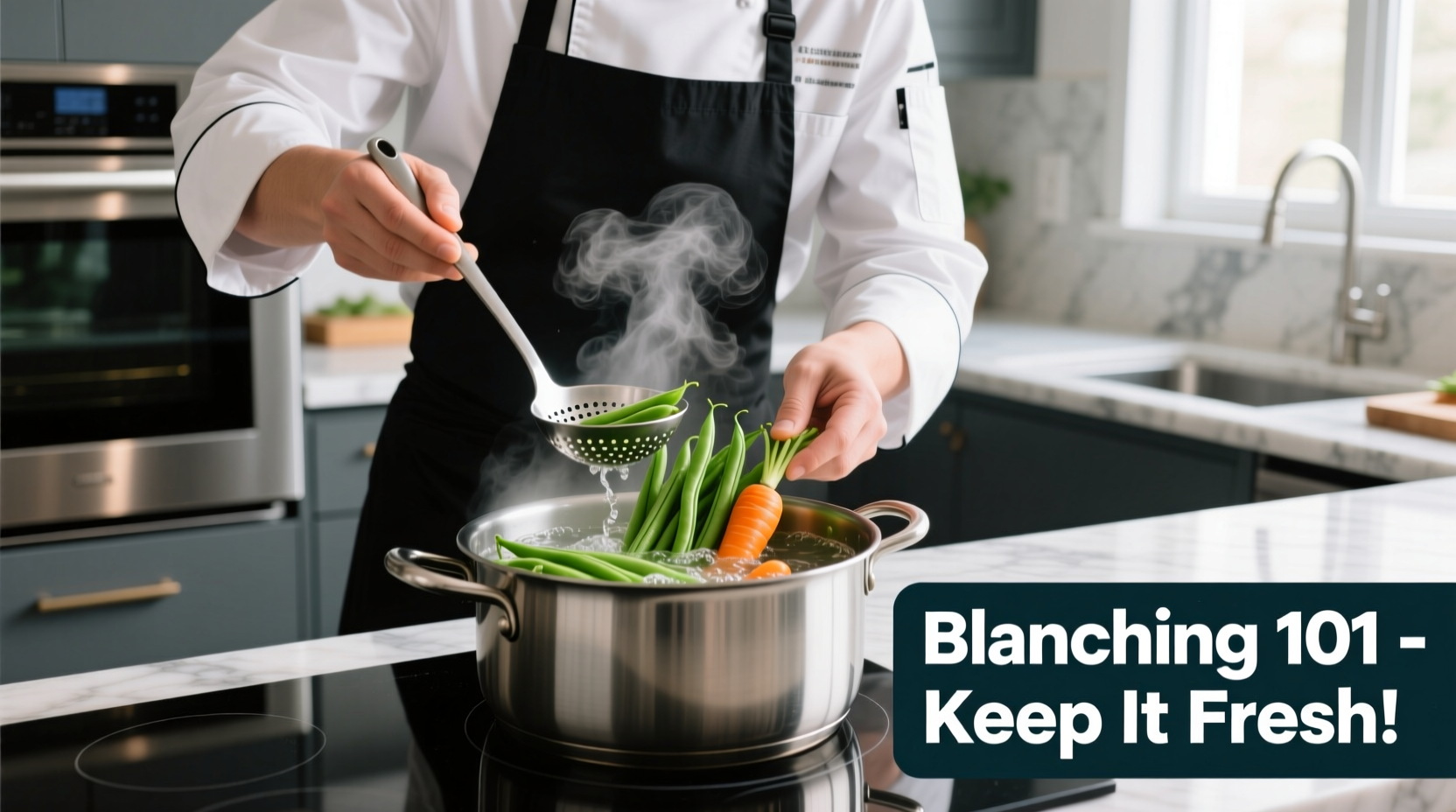 Chef demonstrating vegetable blanching technique in kitchen