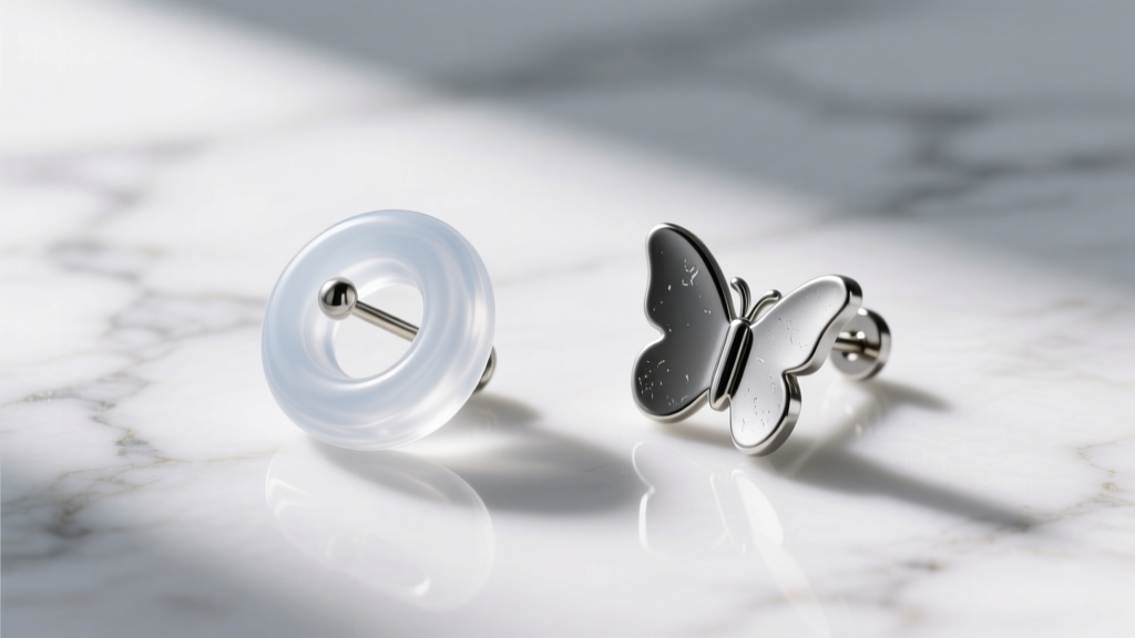 Side-by-side comparison of clear medical-grade silicone jumbo earring backs and traditional metal butterfly friction backs on marble