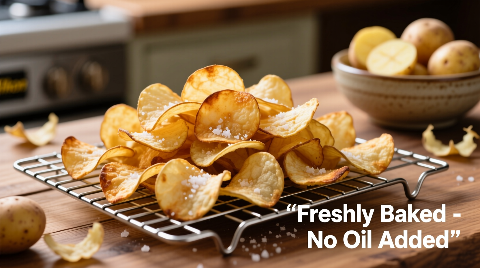Homemade oven-baked potato chips on cooling rack