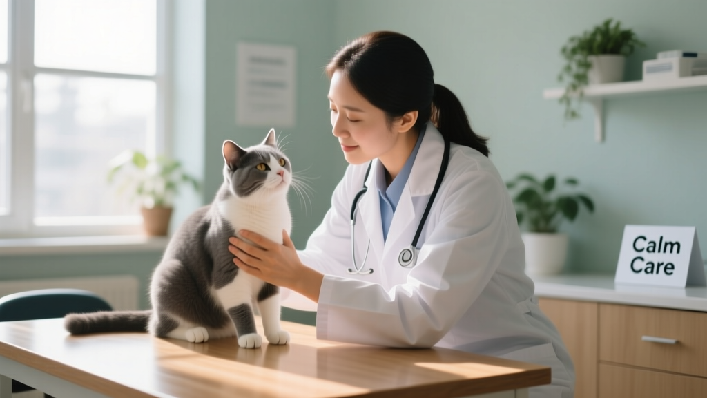 A veterinarian gently examining a cat during a calm, low-stress wellness checkup