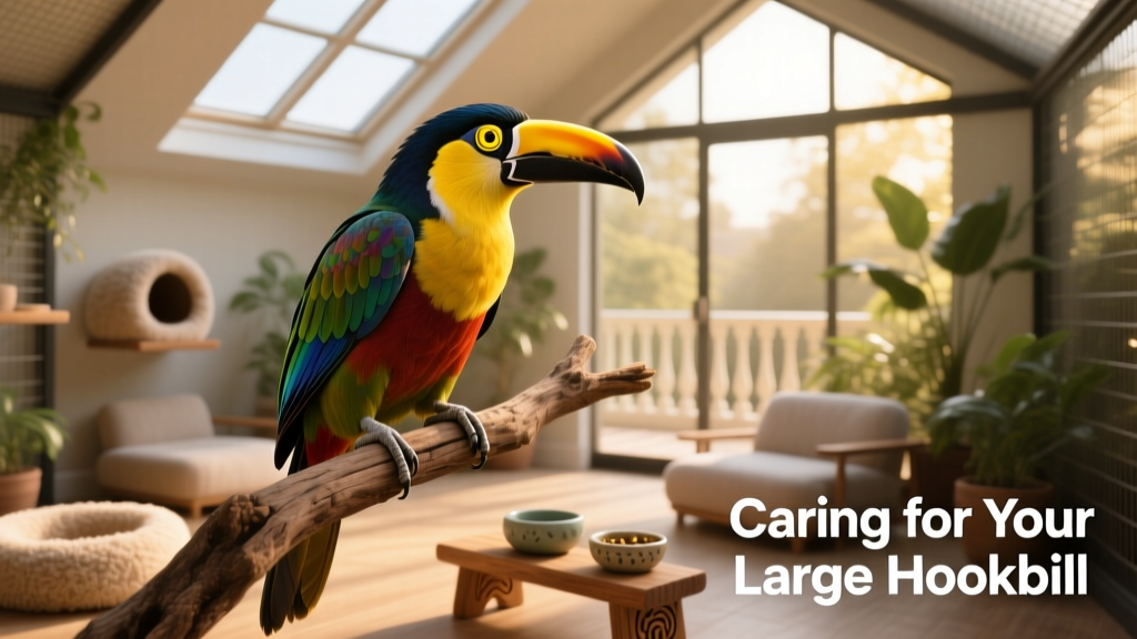 A vibrant large hookbill perched confidently on a natural wood branch inside a spacious, well-furnished enclosure