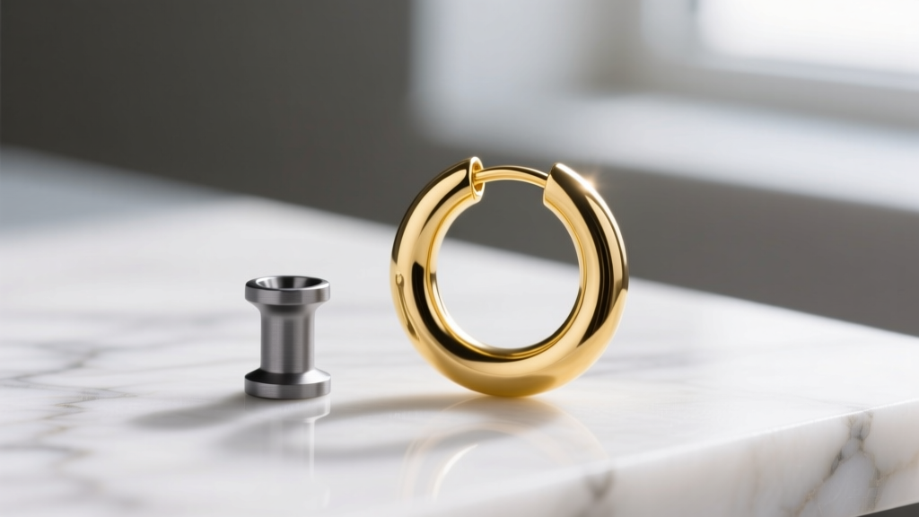 Macro shot of a matte grey ASTM F136 titanium labret stud beside a polished 18k yellow gold huggie hoop on white marble.