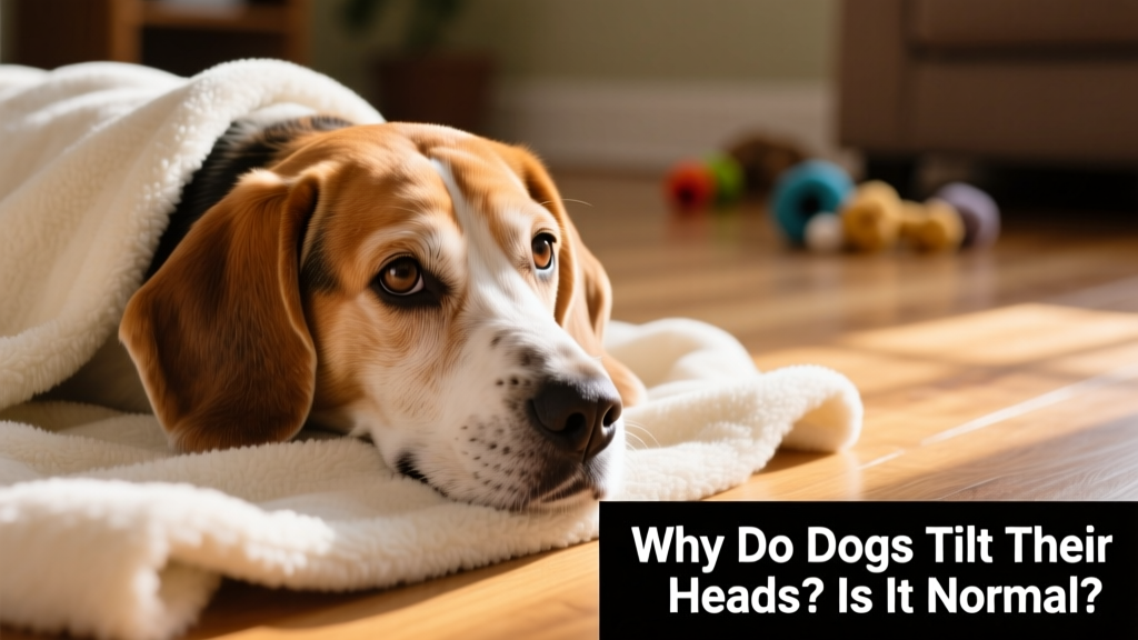 A senior beagle gently resting its head on a soft blanket, with a slight natural tilt suggesting possible vestibular discomfort