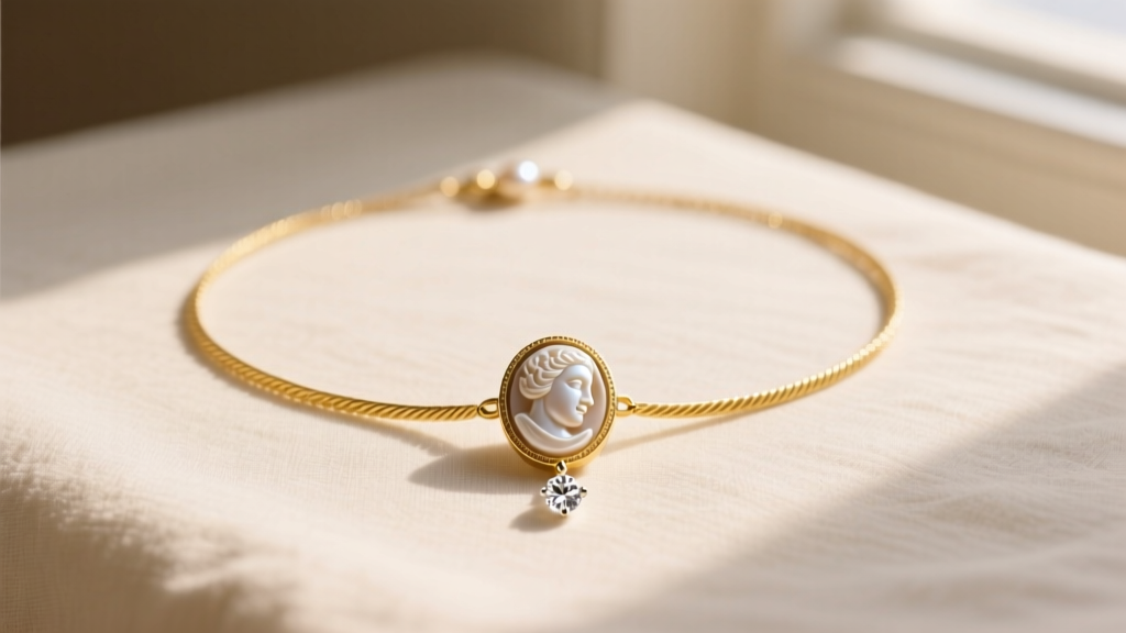 Styled flat-lay of a cameo pearl necklace layered with a 1.2mm 18k yellow gold cable chain and a delicate diamond solitaire drop.