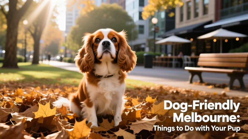 a King Charles Spaniel looking up at the camera while sitting on a pile of dead leaves in a sun-dappled park