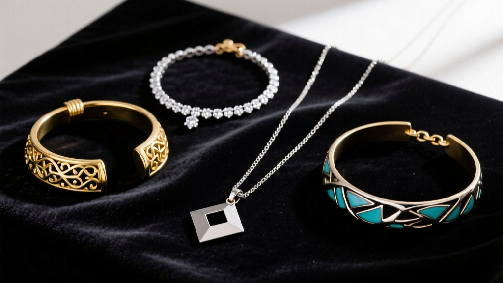 Elegant flat lay of five distinct necklace types including a gold torque, diamond rivière, and silver lariat on dark velvet