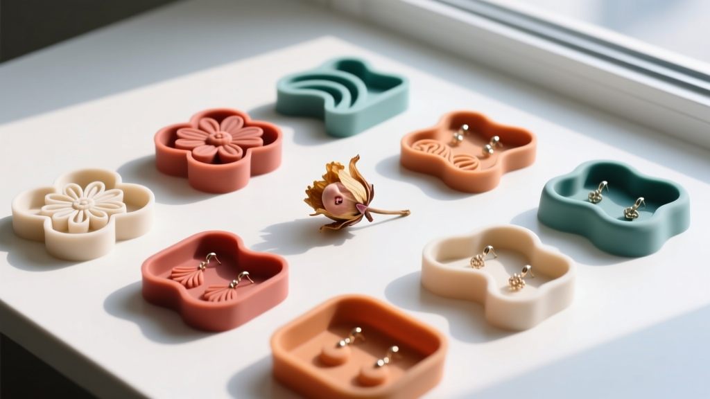 Flat lay of silicone earring molds, dried baby's breath flowers, UV resin bottles, and tweezers on a bright crafting mat.