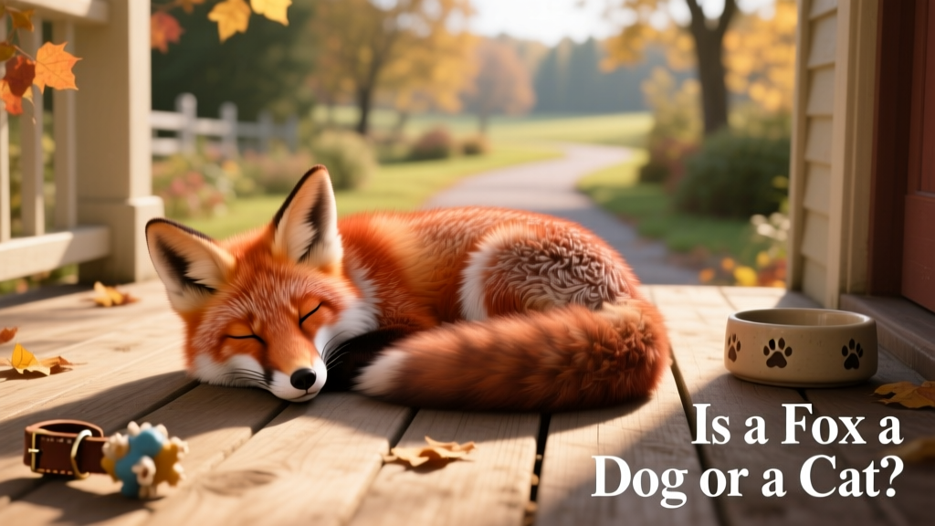 Red fox napping on a sunlit porch, curled comfortably