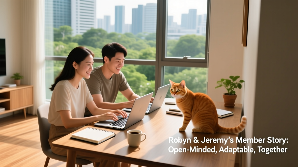 Robyn and Jeremy working side-by-side on laptops in a bright Singapore apartment, with a curious ginger cat nearby