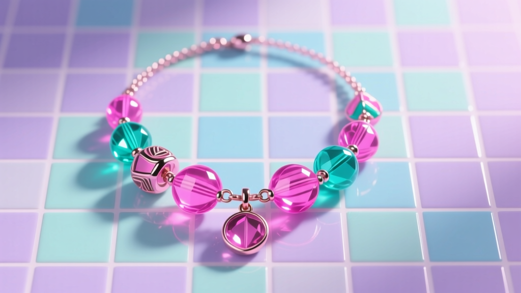 Vibrant 1980s neon pink and teal acrylic charm necklace on a pastel grid, lit by soft diffused studio lighting from directly above