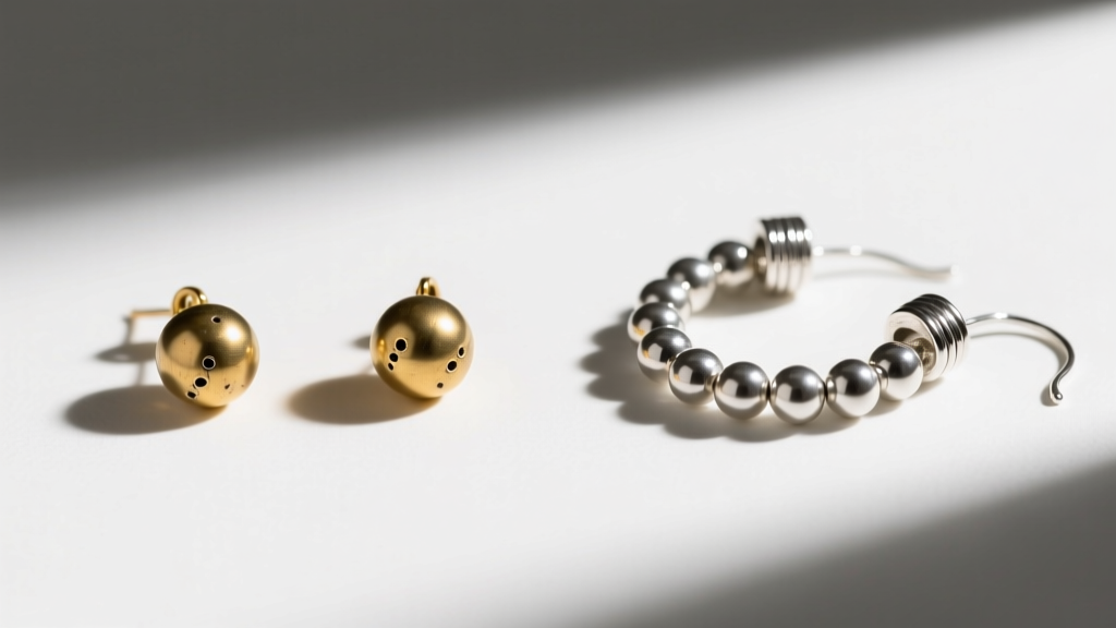 Flat lay comparing cheap mass-produced brass beaded earrings next to high-quality handmade pairs with pristine silver crimp covers.