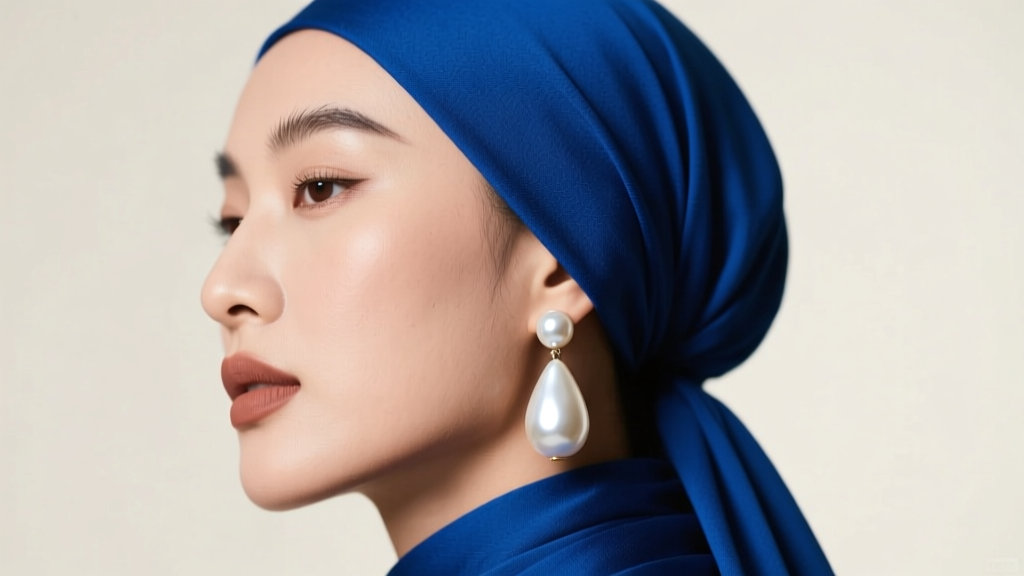 Portrait of a woman wearing a large teardrop pearl drop earring and blue turban, illuminated by soft, directional studio lighting