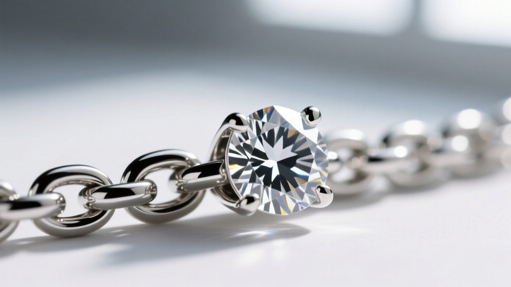 Macro shot of a prong-set cubic zirconia stone on a rhodium-plated silver chain, showing precise metal prongs holding the gem.