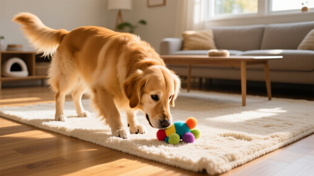 A golden retriever enthusiastically sniffing a plush toy partially hidden under a throw rug