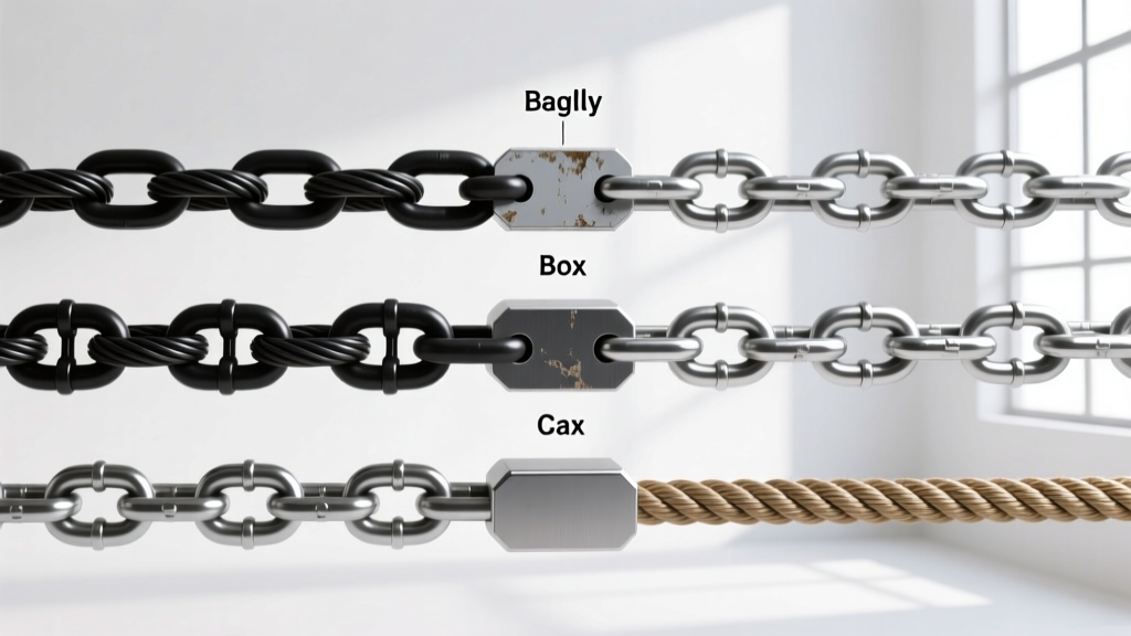 Diagram comparing cable, box, and rope chains, highlighting link intersections, friction zones, and smooth metal surface textures.