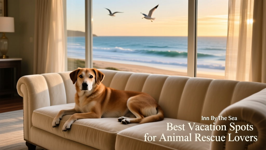 A friendly shelter dog resting on a plush lobby couch at Inn By The Sea, with ocean views through large windows