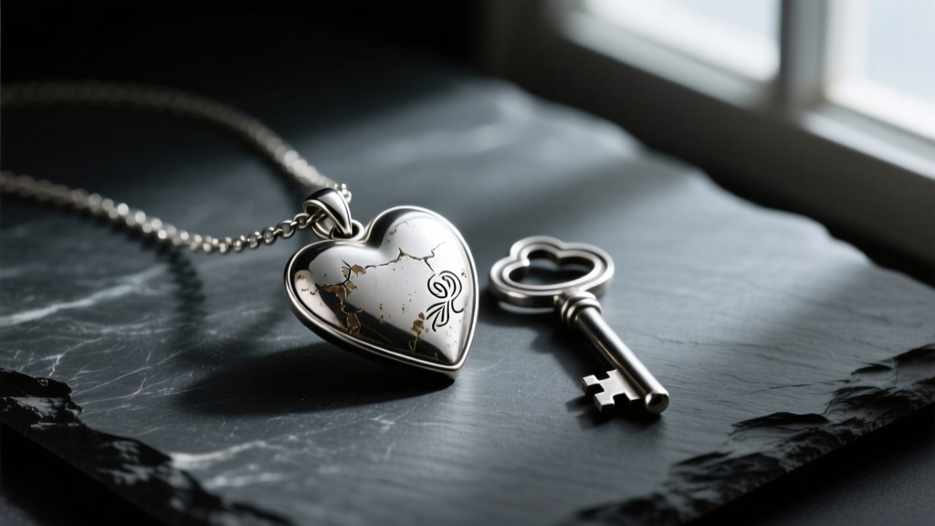 Tarnished 925 sterling silver heart and key necklace resting on dark slate under moody, directional studio lighting