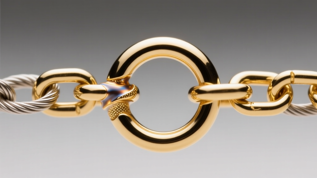 Macro shot of a fused 22-gauge gold jump ring connecting a 1.5mm cable chain, showing a smooth, seamless permanent jewelry weld.