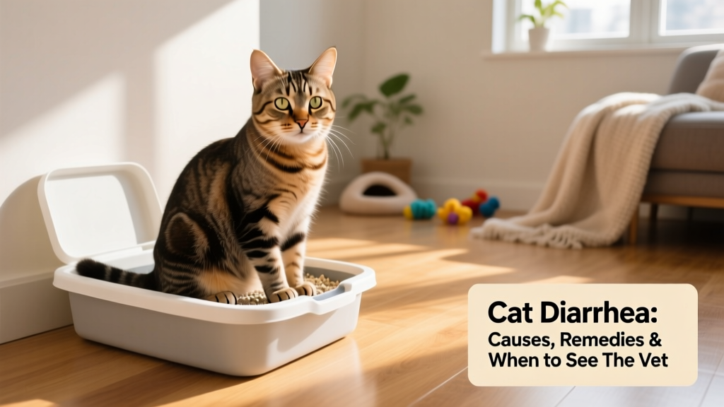 Close-up of a healthy adult cat calmly sitting beside a clean litter box