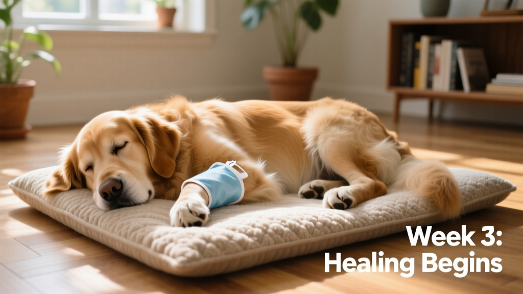 Dog resting comfortably on a cushioned mat with a cold pack wrapped gently around the hind leg
