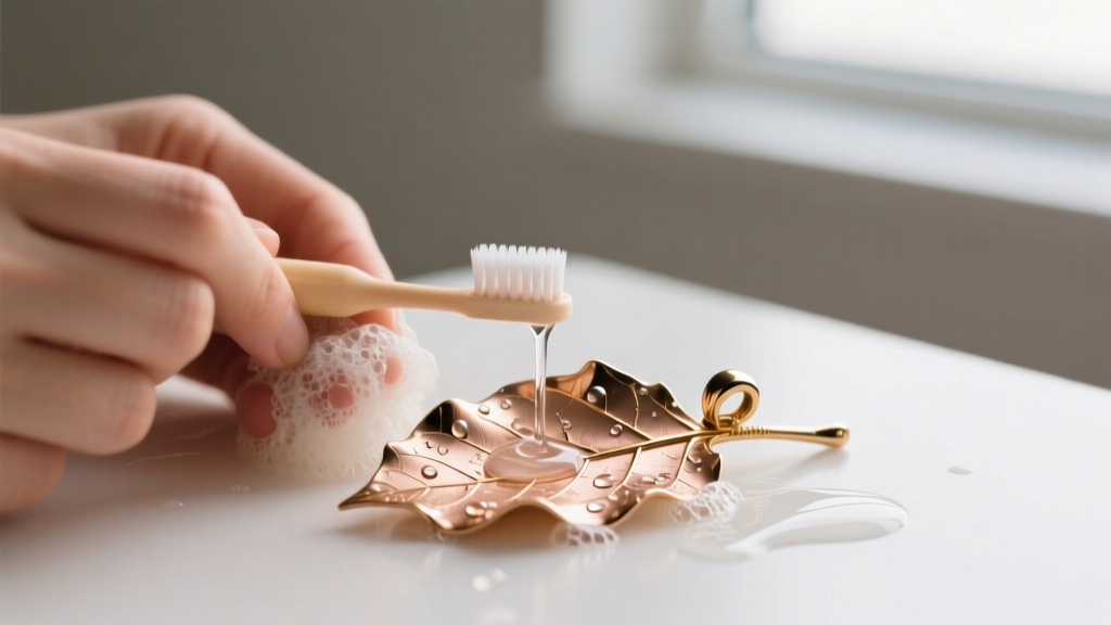 Hands gently scrubbing a 12k rose gold leaf on a Black Hills gold pendant with a soft-bristled baby toothbrush and soapy water