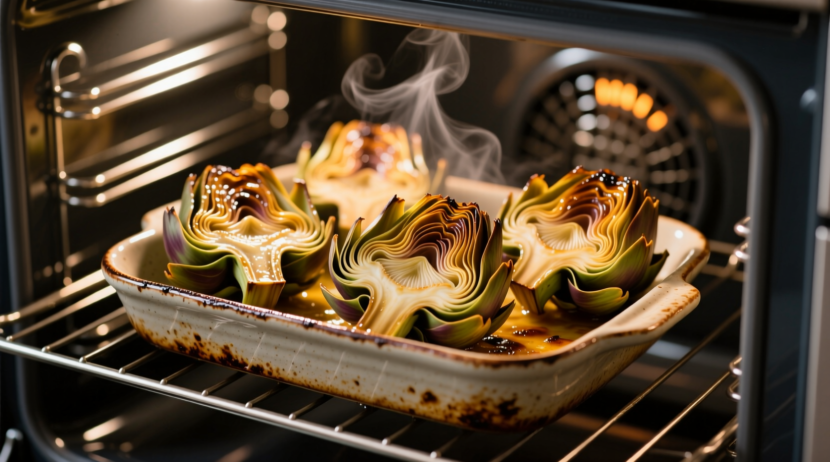 Fresh artichoke hearts roasting in oven