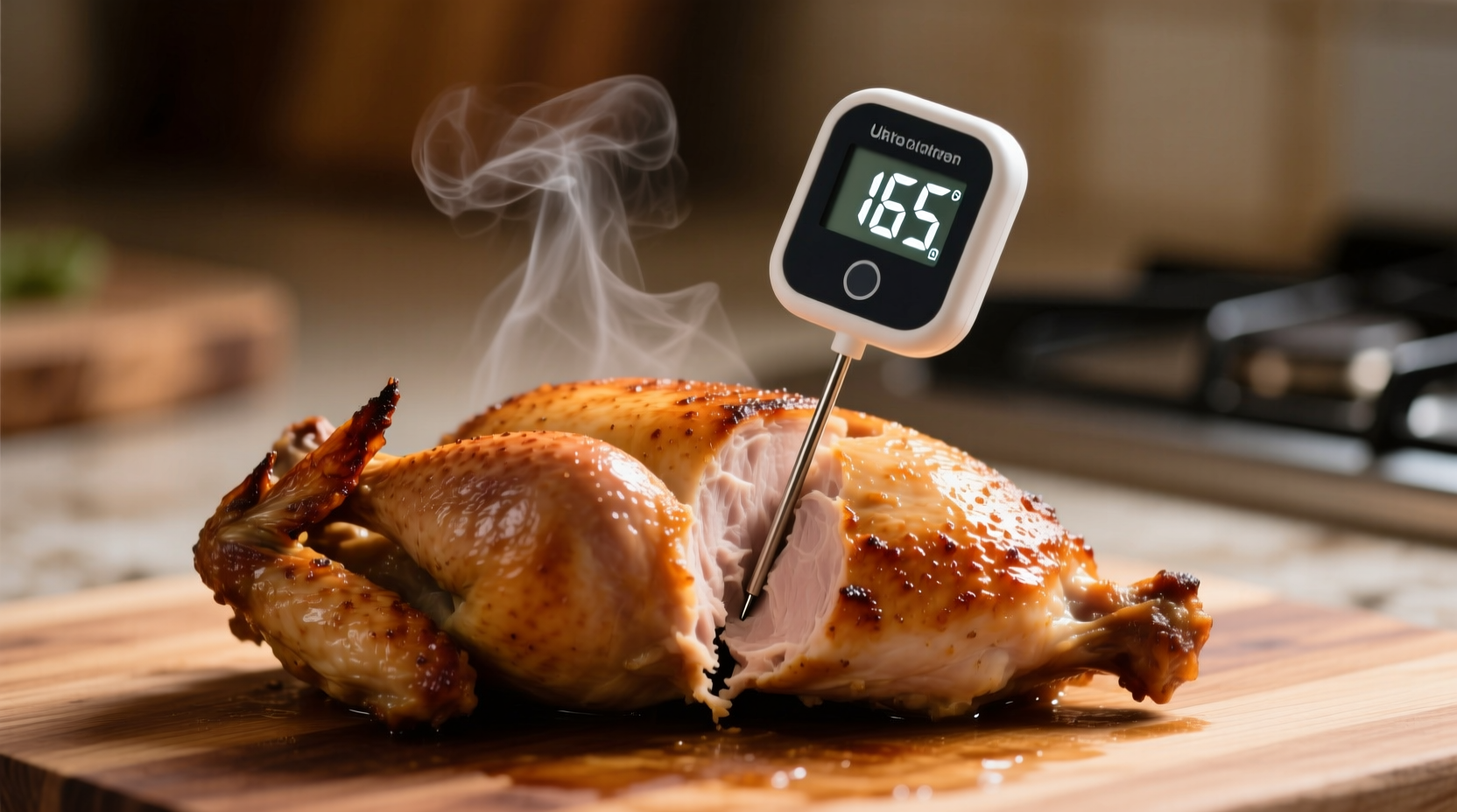 Oven thermometer showing 165 degrees in chicken breast