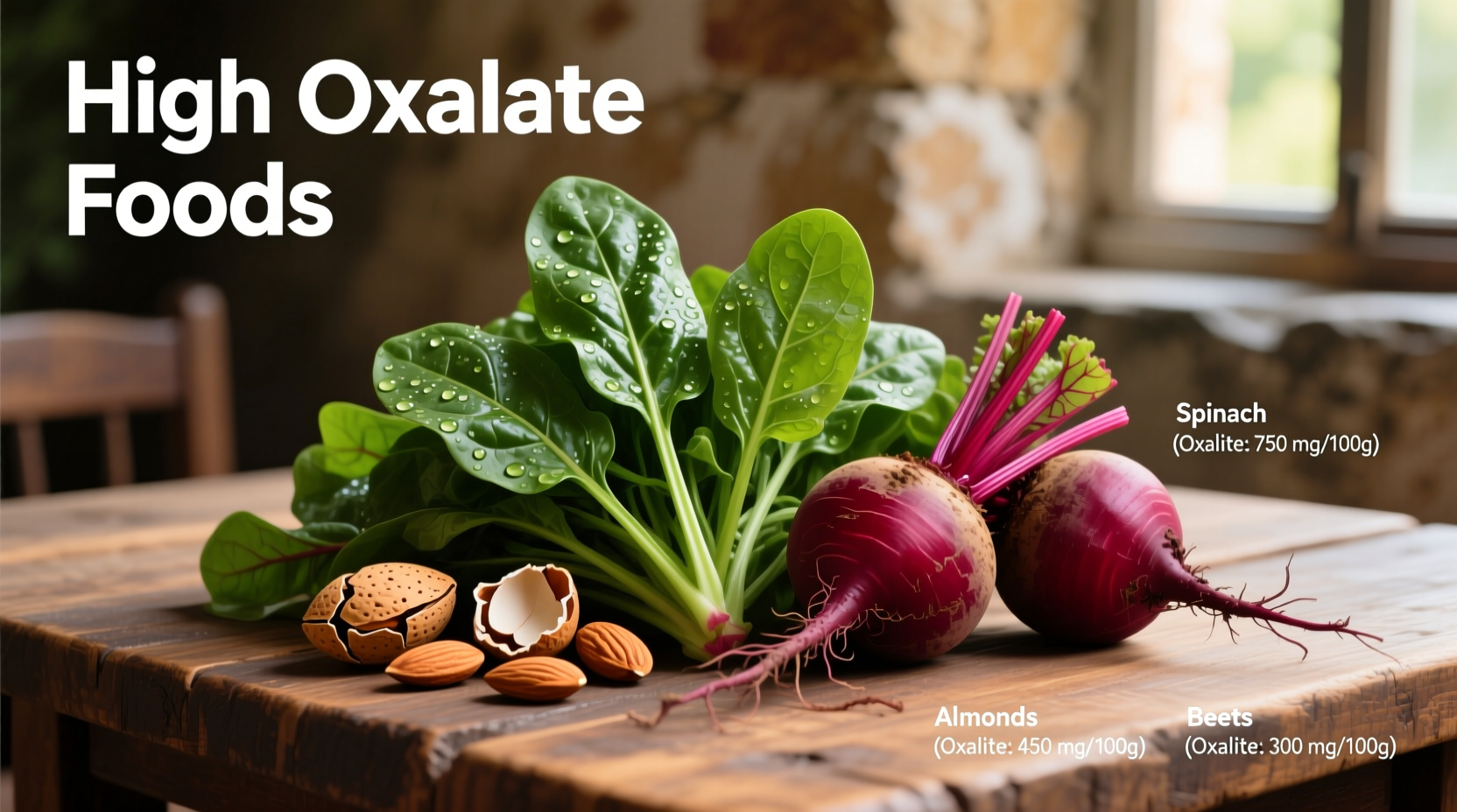 Farbenfrohe Darstellung von Lebensmitteln mit hohem Oxalatgehalt wie Spinat, Mandeln und Rote Bete