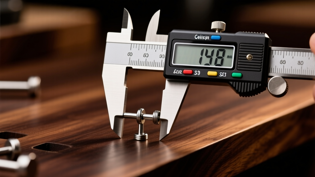 Digital caliper measuring a 14-gauge titanium barbell earring post on a dark wooden workbench surface under warm studio lighting
