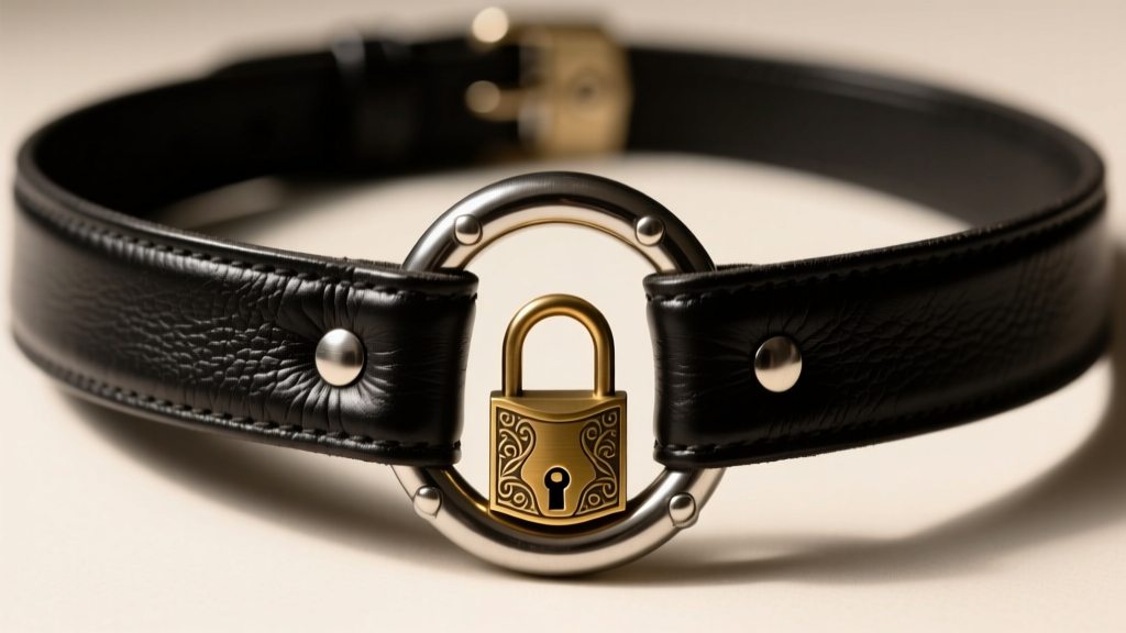 Close-up of a thick black full-grain leather fetish necklace with a heavy welded stainless steel O-ring and brass padlock hasp.
