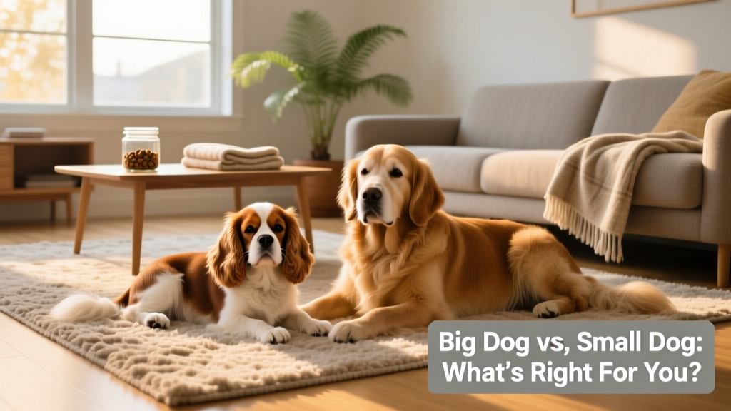 A calm Cavalier King Charles Spaniel resting beside a relaxed Golden Retriever on a cozy living room rug